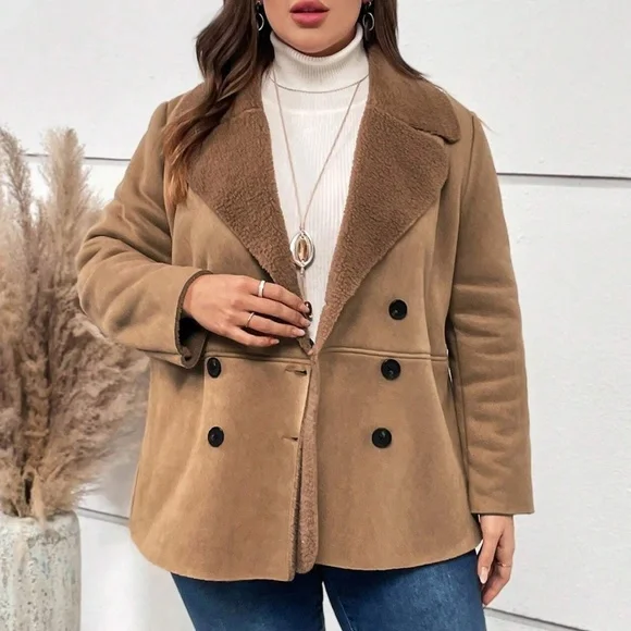 Plus Brown Khaki Teddy Lined button Jacket Coat - Picture 2 of 4